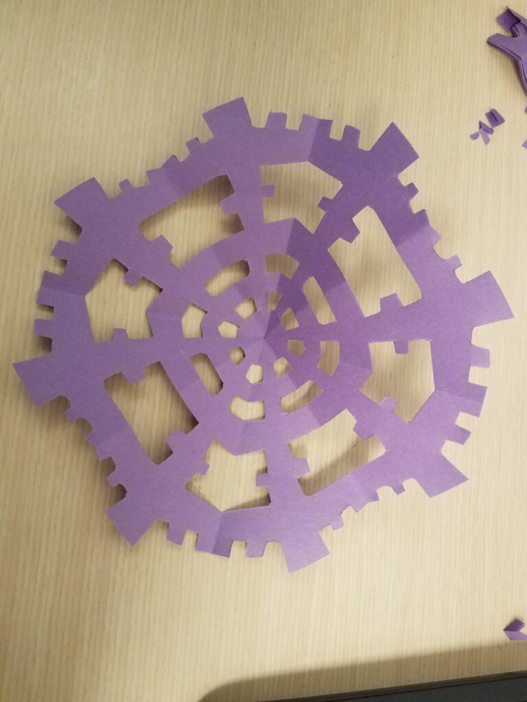 “Gwiazdy” means “stars” in Polish. This is a paper cutting craft similar to wycinanki art from Łowicz and Kurpie. Gwiazdy appear similar to paper snowflakes, however these cut outs are distinguished by their eight sided patterns.