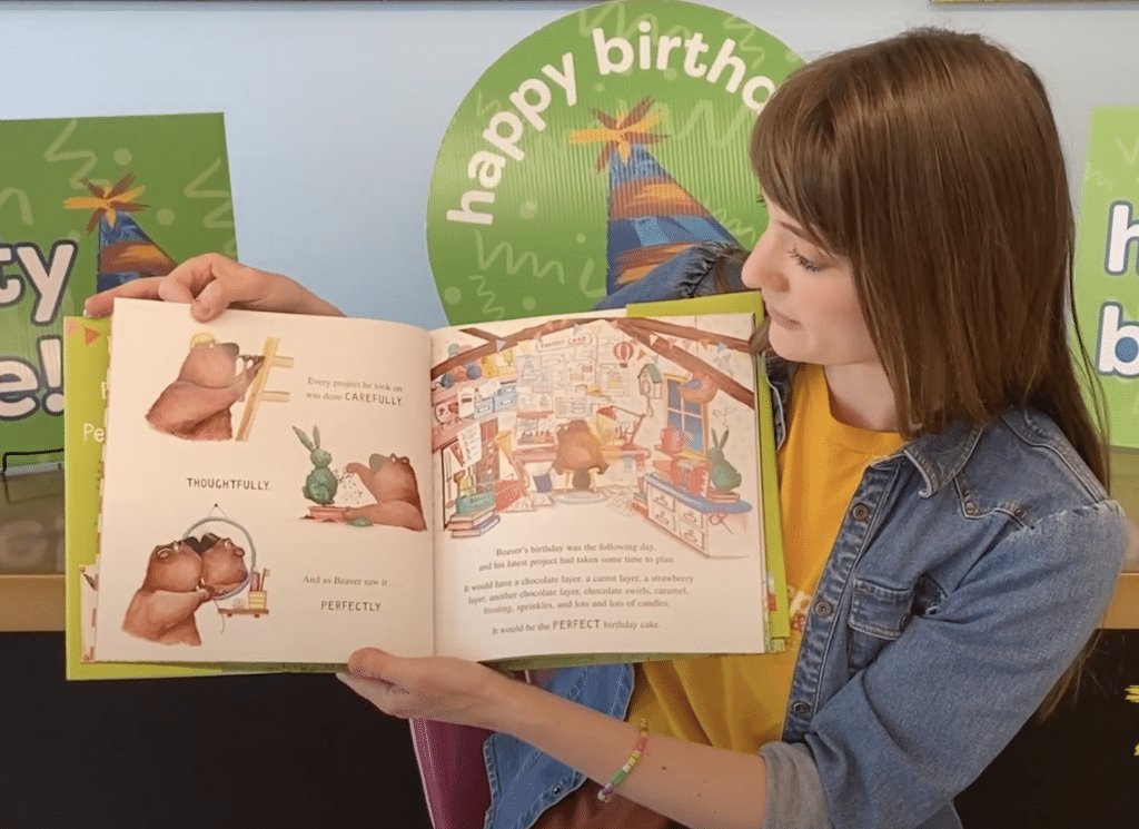 The Perfect Birthday Recipe by Katy Hudson, read by Miss Jackie. Summer birthdays can be lonely, but not when you have great friends like Beavers! This year Tortoise, Bird, Rabbit, and Squirrel insist on baking Beaver's birthday cake, but Beaver isn't so sure. He is the ultimate perfectionist and would rather do it himself, following the recipe exactly.