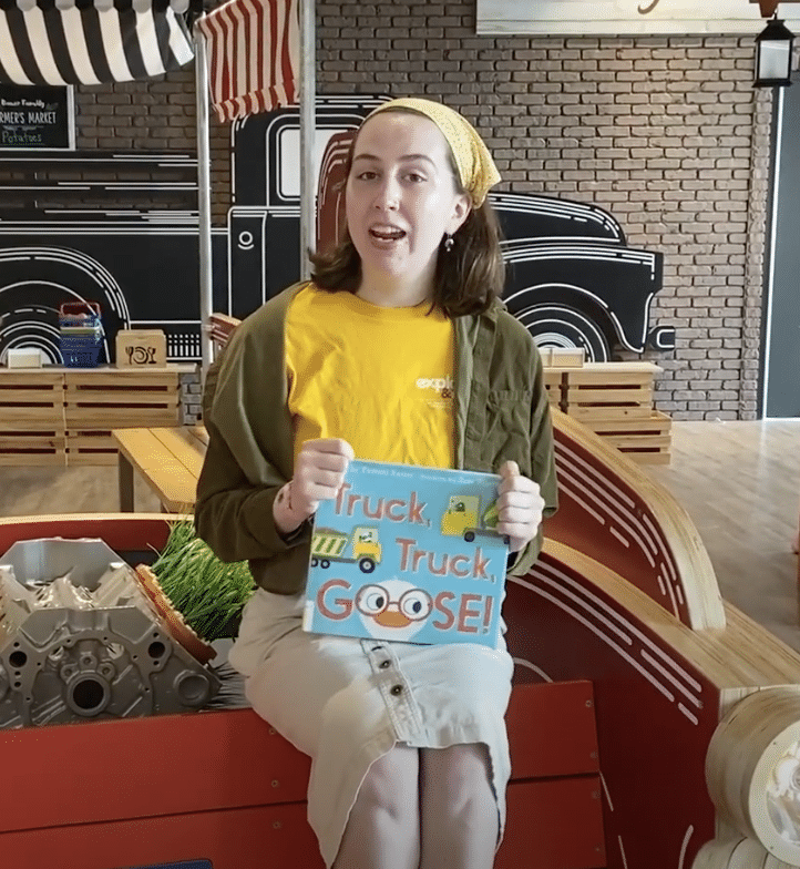 Trucking through the Summer A-Z Storytime: Ms. Maeve reads Truck, Truck, Goose! by Tammi Sauer.  Goose is all packed for a picnic. Now all he has to do is cross the little road in front of his cottage.
