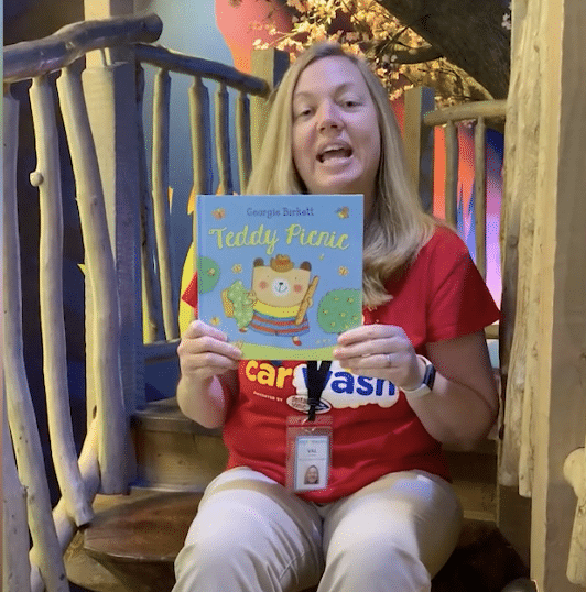 Storytime: Ms. Val reads Teddy Picnic by Georgie Birkett.  Teddy and his friends are going on a picnic! They spend their day playing and munching on a delicious lunch. Happy and sleepy, Teddy and his friends head home on the train and snuggle up together for bedtime stories and sleep.