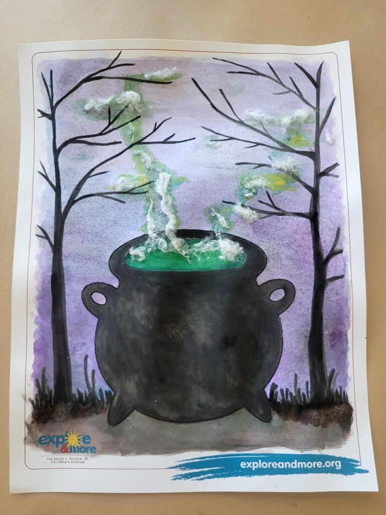 Let’s pretend to be witches, wizards, or ghouls and paint a spooky cauldron work of art.